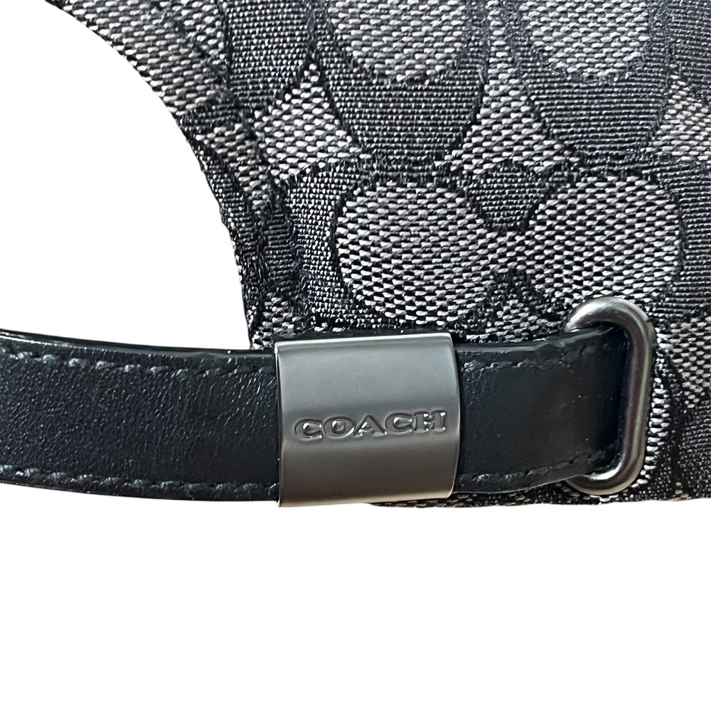 Coach Signature Jacquard Flat Brim Baseball Cap Charcoal Black Leather Logo M/L - Picture 6 of 12